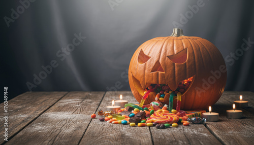 Halloween pumpkin display with candies festive setting indoor spooky vibe