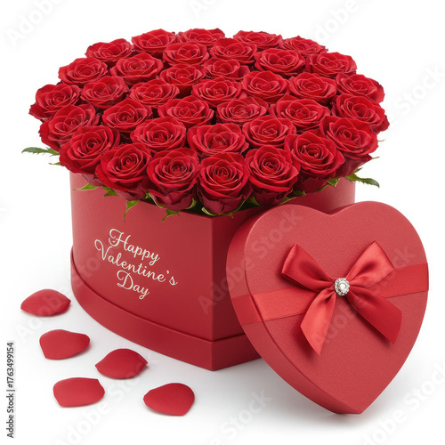 Red roses in a heart shaped box with a matching lid and scattered rose petals around