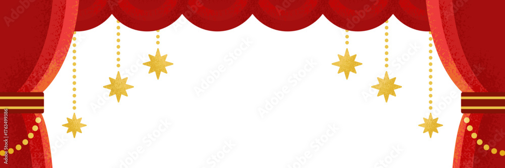 Obraz premium 赤いカーテンと金の星の装飾背景／華やかな舞台・表彰式・イベント用イラスト