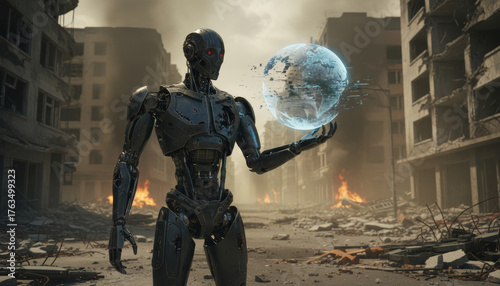 Post-apocalyptic robot guardian urban ruins digital art dystopian view