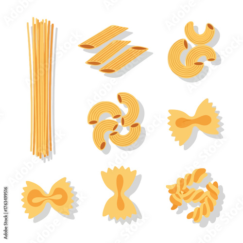 An assortment of various uncooked pasta types, including spaghetti, penne, macaroni, farfalle, and fusilli, illustrated with shadows on a white background.