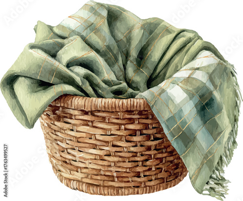 Cozy watercolor painting of a woven basket holding a folded sage green plain blanket evoking calm, comfort, and natural home warmth - vector illustration