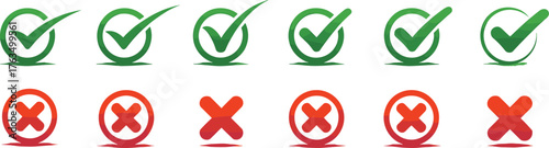Green check mark and red cross symbol vector icons for correct and wrong signs, approval, error, success, fail, and confirmation design.