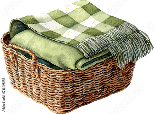 Elegant watercolor artwork of a woven basket with a folded sage green plain blanket arranged in a minimal cozy interior composition - vector illustration