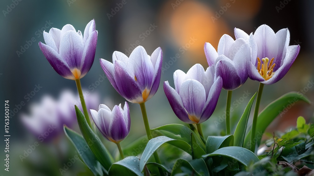 Fototapeta premium DewKissed Purple and White Tulips in Soft Focus Garden Springtime Bloom.
