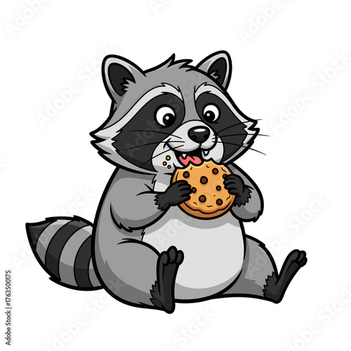 Cute Cartoon Raccoon Eating Chocolate Chip Cookie Illustration