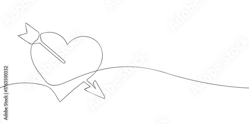 Continuous line drawing of a heart pierced by an arrow. Minimal contour illustration for Valentine’s Day and love concept. Template for greeting card, poster, or romantic design