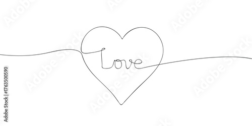 Continuous line drawing of a heart shape with the word love inside. Minimal contour vector illustration for Valentine’s Day greeting card, romantic poster, or love concept design