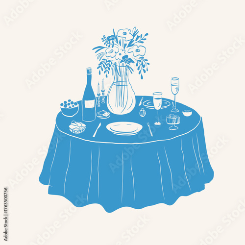 Sketch of table with tablecloth and food on isolated background. Hand drawn of Romantic Dinner. Design for wedding card, event, flyer, invitation, birthday. Vector illustration. Food , lifestyle