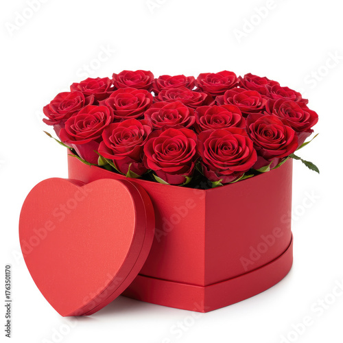 A heart shaped red box filled with red roses and a heart shaped lid on a white background