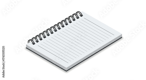 Isometric notebook illustration blank lined pages with spiral binding vector design element isolated on white background