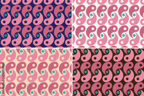 Four variations of a pink and purple paisley yin yang pattern