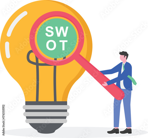 businessman arranging SWOT icons connected to magnifying glass near lamp illustration of research and analysis of business ideas
