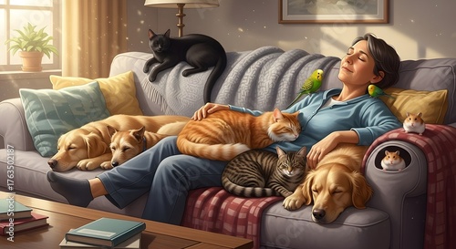 Woman Napping with Many Dogs Cats and Exotic Pets