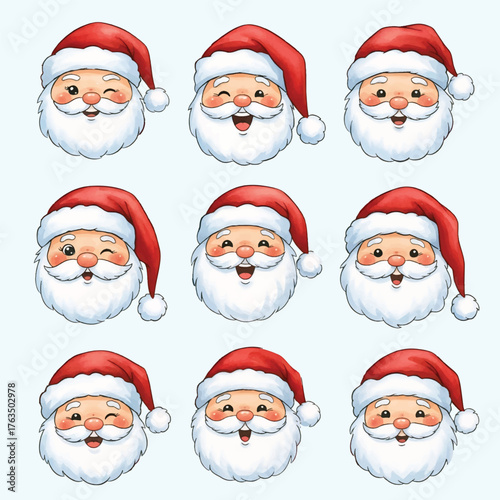 Collection of Smiling Santa Faces with Different Hats