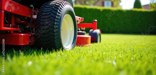 Red zero turn mower cuts lush green grass on a sunny day. Outdoor lawn maintenance with powerful landscaping machine. Perfect for garden care content.