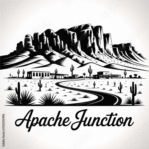 ‎Apache Junction Arizona Skyline Silhouette — Desert Mountain City Vector Illustration