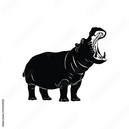 Aggressive Hippopotamus Silhouette with Open Mouth and Tusks