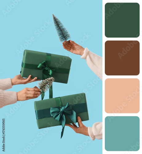 Female hands with Christmas gifts and decorative fir trees on blue background. Different color patterns