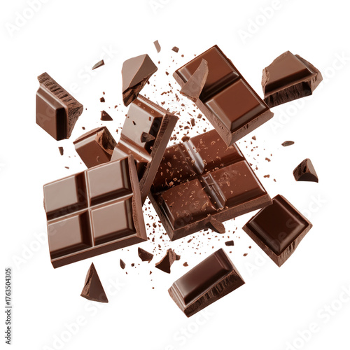 Chocolate Pieces Floating on Transparent Background Dark Slabs and Shavings Delicious Sweetness