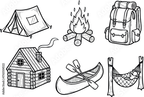 Need Camping adventure doodle icon set. Cute hand drawn sketch illustrations of tent, fire, backpack, cabin, canoe, hammock. Black and white cartoon art for outdoor forest travel.