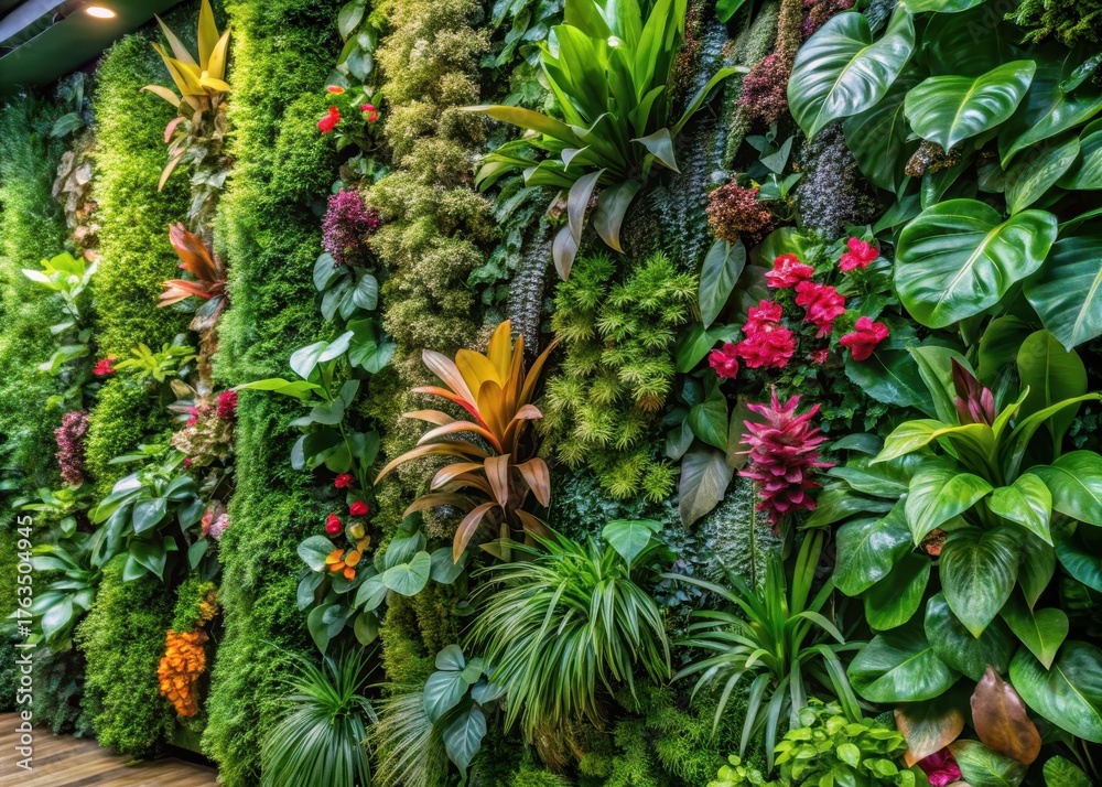 Obraz premium Vertical lush green wall with exotic tropical flowers and leaves in a modern indoor setting