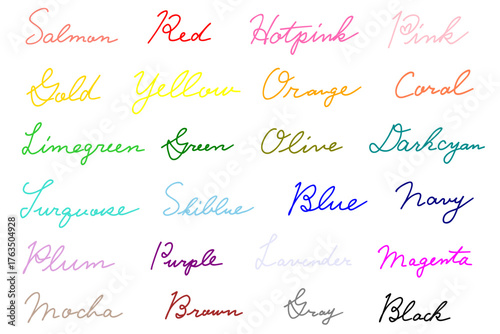 色の名称と色に対応したカラーで描かれた筆記体の文字
