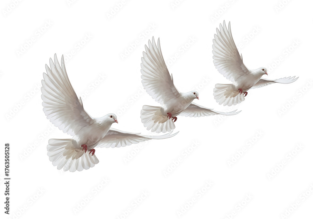 Obraz premium Three white doves flying in unison isolated on transparent background