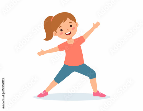 A cartoon girl in a pink shirt and blue capris stretching with arms outstretched on a white background with a playful mood.
