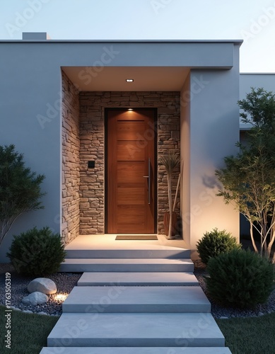 Modern house entrance with wooden door and stone wall. Exterior features include minimalist architecture design, landscaping, garden with pathway. Dusk creates warm inviting atmosphere for property.