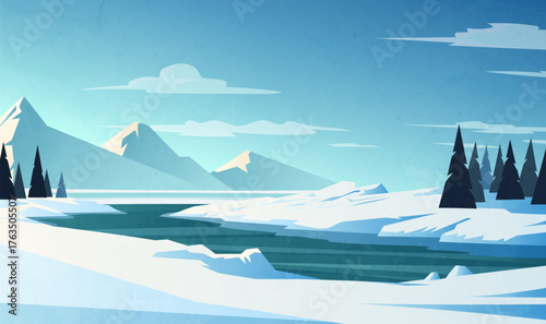 Hand painted illustrations of winter landscapes include snow-capped mountains and rivers