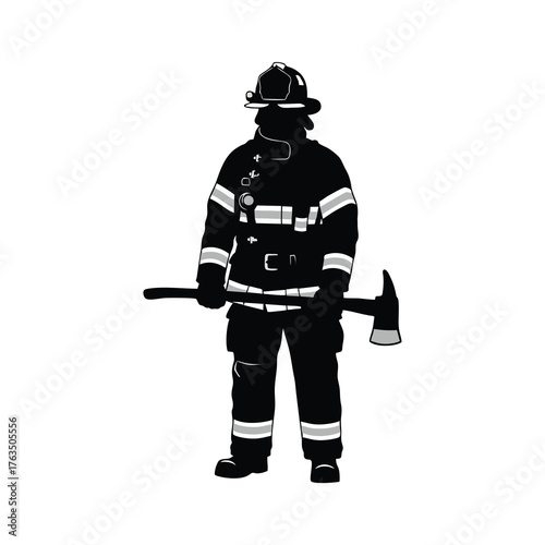 silhouette of a firefighter wearing full safety gear and carrying an axe