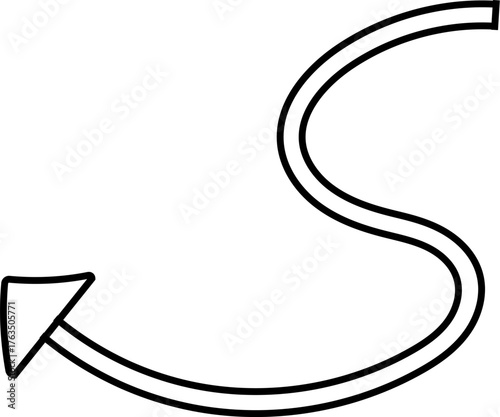 Black curved arrow illustration in black outline on white background, simple two-dimensional vector design