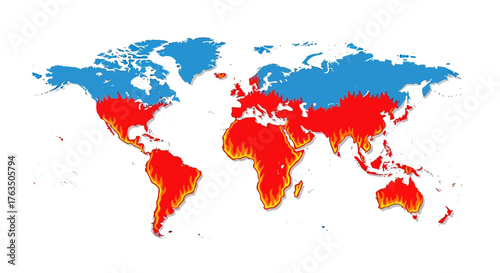 World Map Showing Climate Zones With Red and Blue Colors. Vector Illustrations. EPS Editable