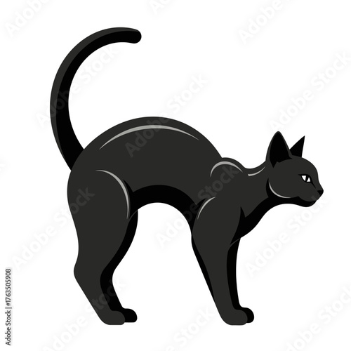 A sleek black cat with a curved tail stands alert on a white background. Vector Illustrations. EPS Editable