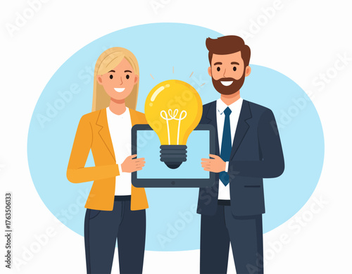 Cartoon illustration of a smiling businesswoman and man in formal attire holding a tablet with a lightbulb on the screen against a light blue oval background.