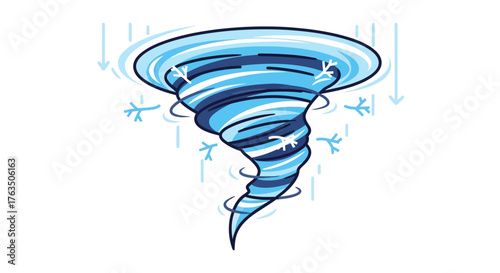 Cartoon depiction of a swirling icy tornado with snowflakes. Vector Illustrations. EPS Editable