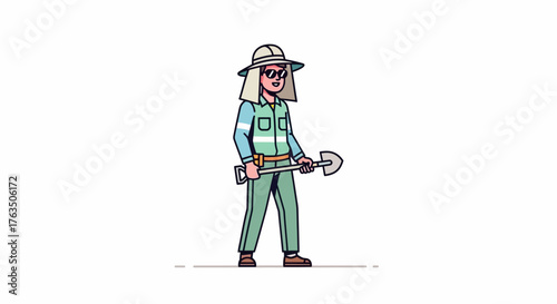 Cartoon archaeologist with shovel ready for excavation work. Vector Illustrations. EPS Editable