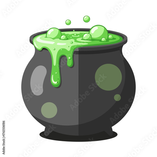 Cartoon Halloween Witch Cauldron Bubbling Green Potion. Vector Illustrations. EPS Editable