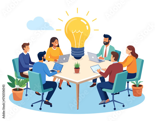 Flat illustration of a diverse team collaborating around a table with laptops and a large lightbulb idea above, set against a clean white background with a subtle cloud and plants.