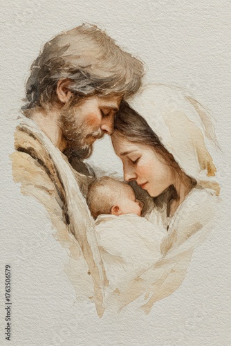 Mary and Joseph with Baby Jesus, Minimalist Nativity Scene.