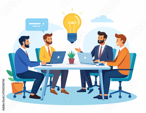 Illustration of four businessmen in a meeting with laptops and a lightbulb idea above the table on a blue background with a plant.