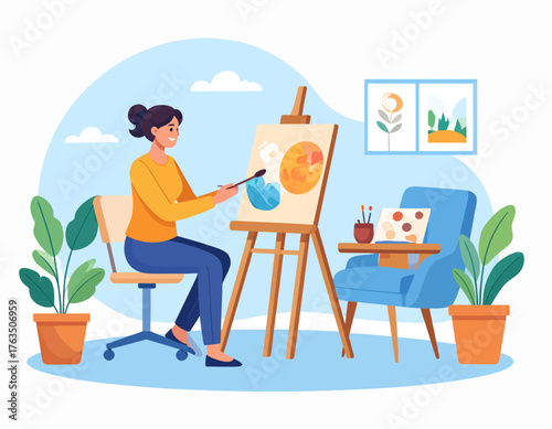 A woman sitting in a chair painting on an easel with a palette of colors in a room with plants and furniture.