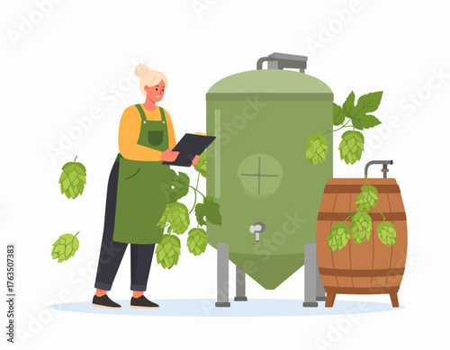 Illustration of a brewer checking a tablet next to a large green brewing tank and wooden barrel with hops, on a white background.