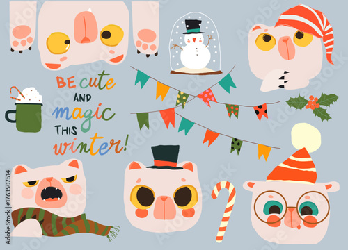 Cartoon Set With Cute Polar Bear Faces and Christmas Elements