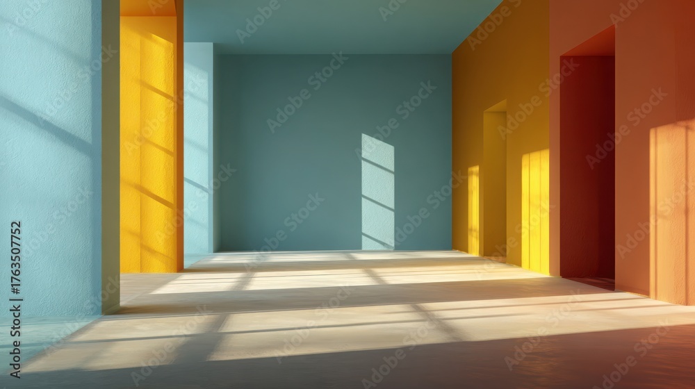 Fototapeta premium Bright and Colorful Modern Interior with Rays of Light Streaming Through Open Doorways in a Minimalist Space