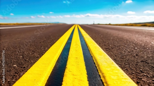 Double yellow lines on asphalt road with a clear demarcation from the edge of the road
