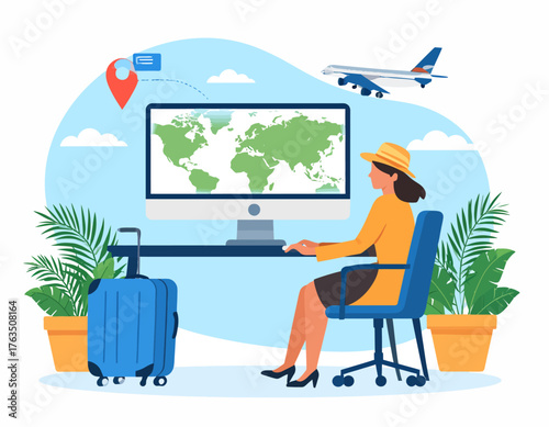 Illustration of a woman planning travel on a computer with a world map, suitcase, and plants in a colorful, flat design.