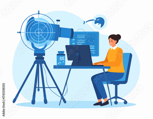 Illustration of a woman working on a computer next to a large satellite dish in a modern office setting with blue tones.