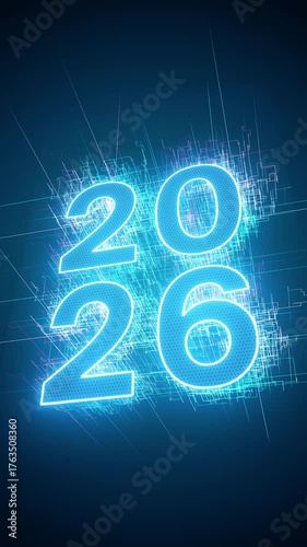 Vertical video animation - abstract neon light in blue with the numbers 2026 - represents the new year - vacation concept.